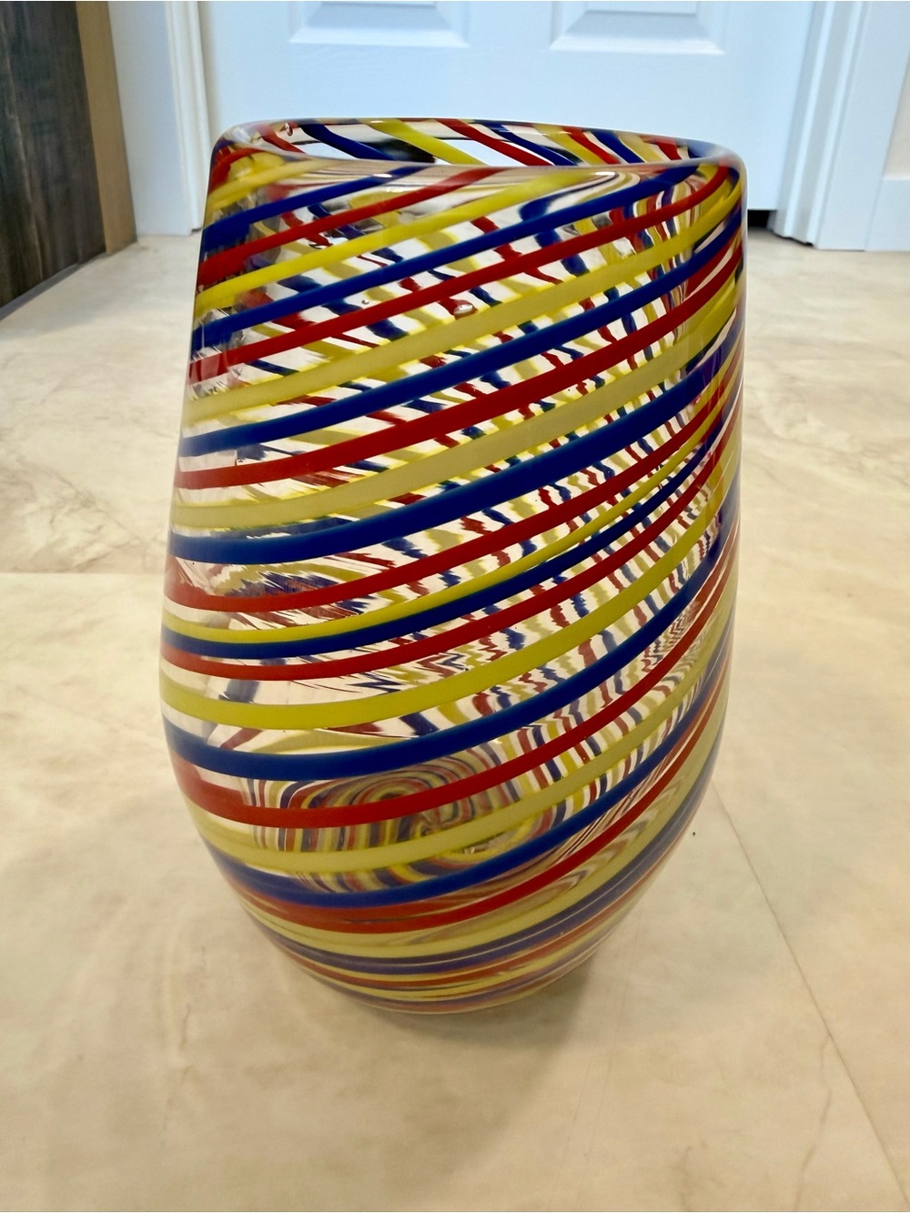 Vintage Hand Blown Art Glass Vase 7.5” - Red Blue Yellow Spiral Cane Stripe